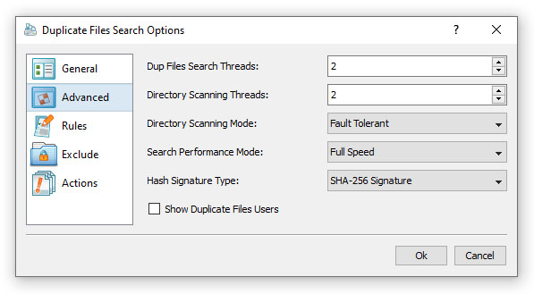 Advanced Duplicate Files Search Options