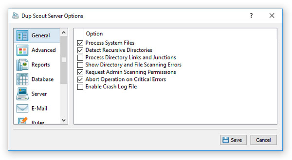 DupScout Server Options Dialog